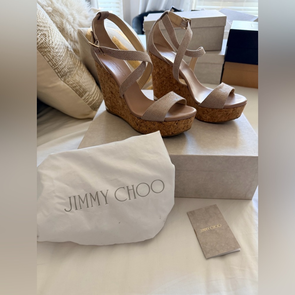 Jimmy Choo Portia 120 Powder Pink Glitter Cork Wedges 39